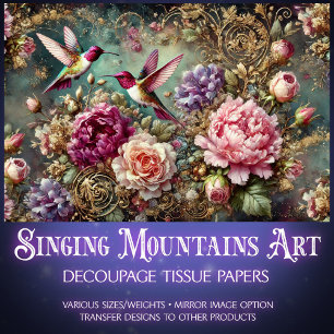 Colourful Hummingbirds & Antique Roses Decoupage  Tissue Paper