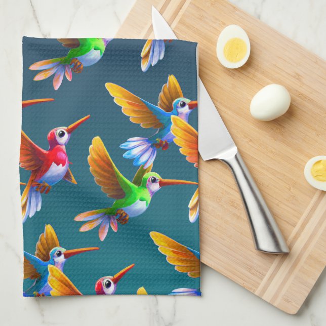 Colourful Hummingbirds in Flight Kitchen Towel (Quarter Fold)