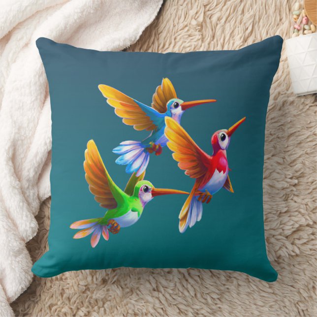 Colourful Hummingbirds in Flight Throw Pillow (Blanket)