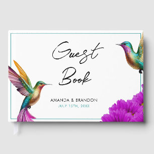 Colourful Hummingbirds Purple Daisies Wedding Guest Book