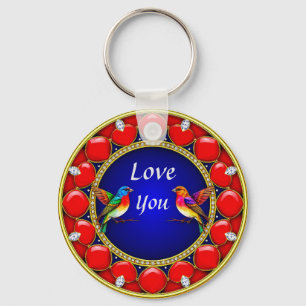 Colourful Hummingbirds Surrounded by Romantic Hear Keychain