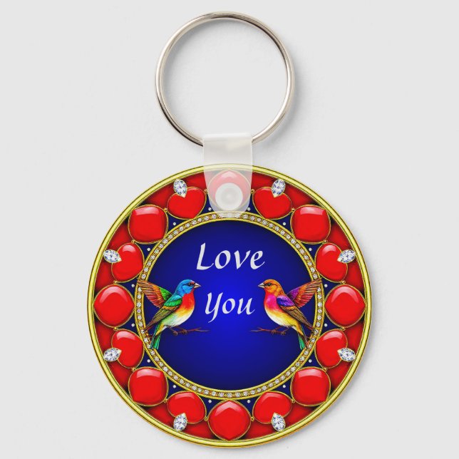 Colourful Hummingbirds Surrounded by Romantic Hear Keychain (Front)