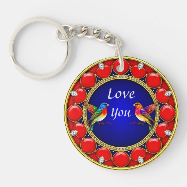 Colourful Hummingbirds Surrounded by Romantic Hear Keychain (Front)