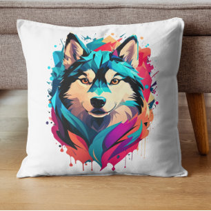Colourful Husky Dog Head Vibrant Husky Lovers Throw Pillow