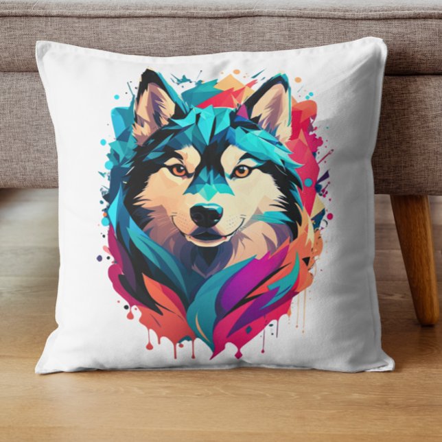 Colourful Husky Dog Head Vibrant Husky Lovers  Throw Pillow (Creator Uploaded)