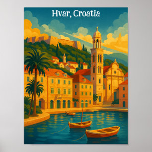 Colourful Hvar Croatia Vintage Travel Art Poster