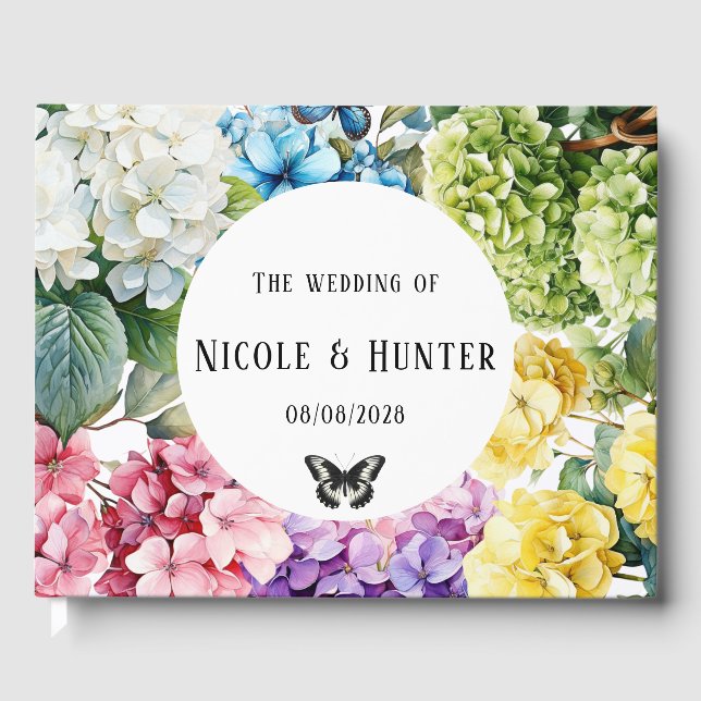 Colourful Hydrangea Floral Butterfly Wedding Guest Book (Front)