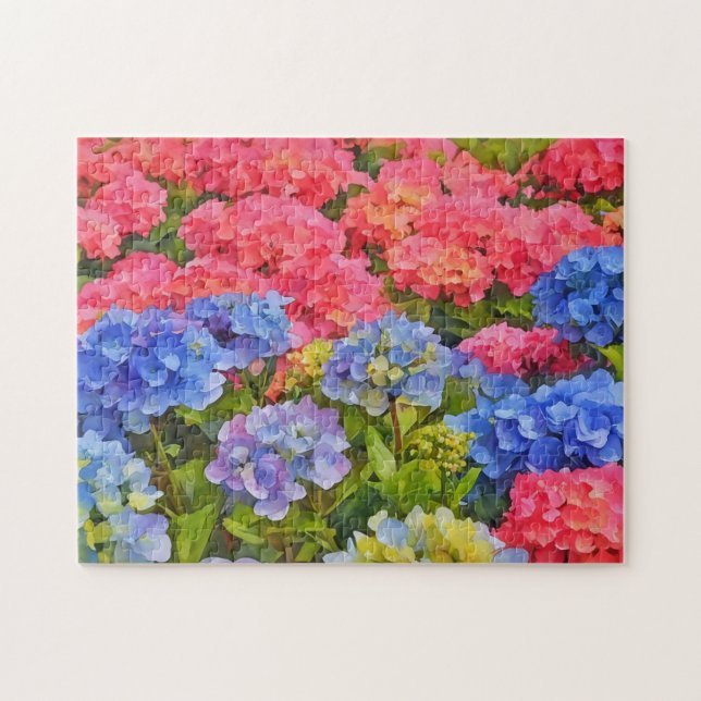 Colourful Hydrangea Flowers Watercolor Style Art Jigsaw Puzzle (Horizontal)