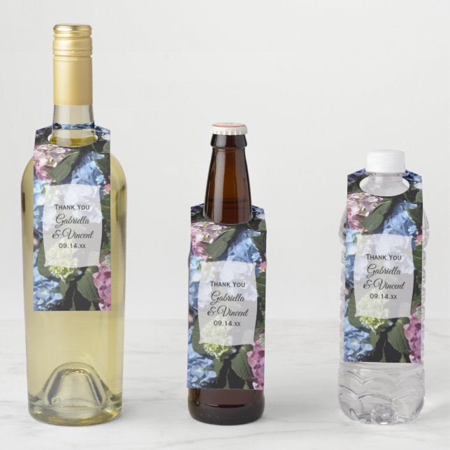 Colourful Hydrangea Flowers Wedding Bottle Tag (In Situ)