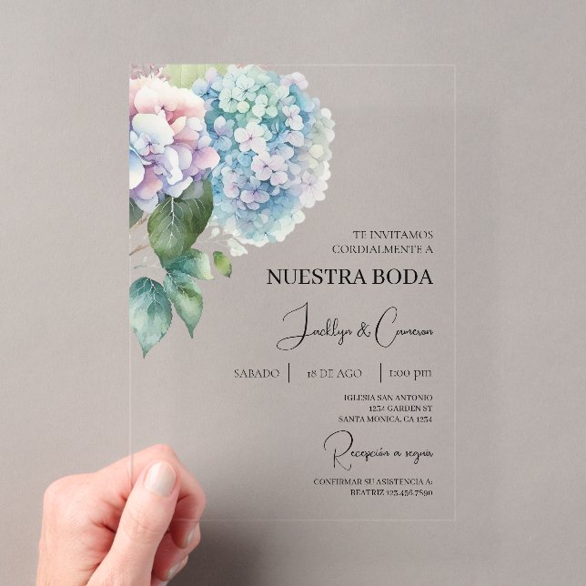 Colourful Hydrangea Spanish Wedding Invitation (Insitu (Handheld))