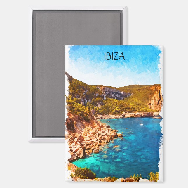 Colourful Ibiza Spain Watercolor Landscape Magnet (Front/Back)