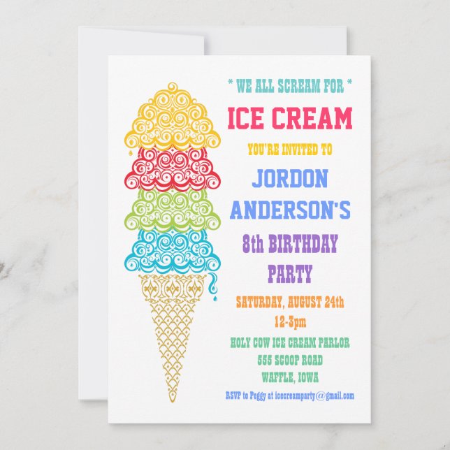 Colourful Ice Cream Cone Party Invitation (Front)