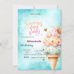 Colourful Ice Cream Cone Summer Birthday Party  Invitation