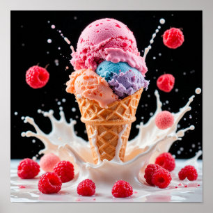 Colourful Ice Cream Cone with Splashing Milk Poster