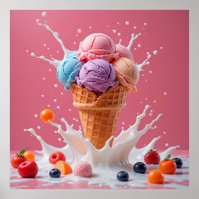 Colourful Ice Cream Cone with Splashing Milk Poster (Front)