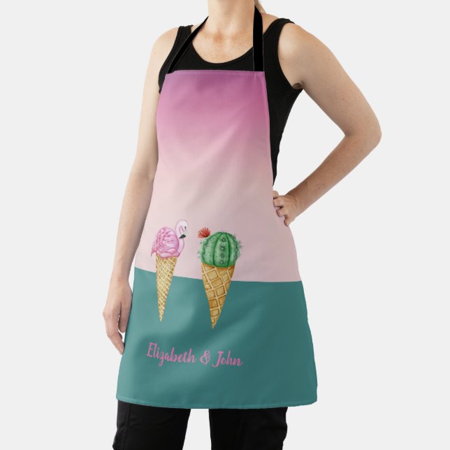 Colourful Ice Cream Cones Cactus Pink Flamingos Apron (Insitu)