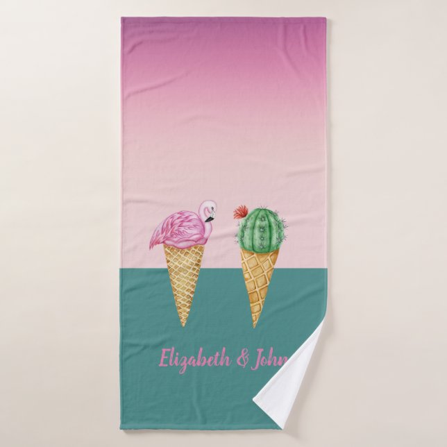 Colourful Ice Cream Cones Cactus Pink Flamingos Bath Towel (Bath Towel)