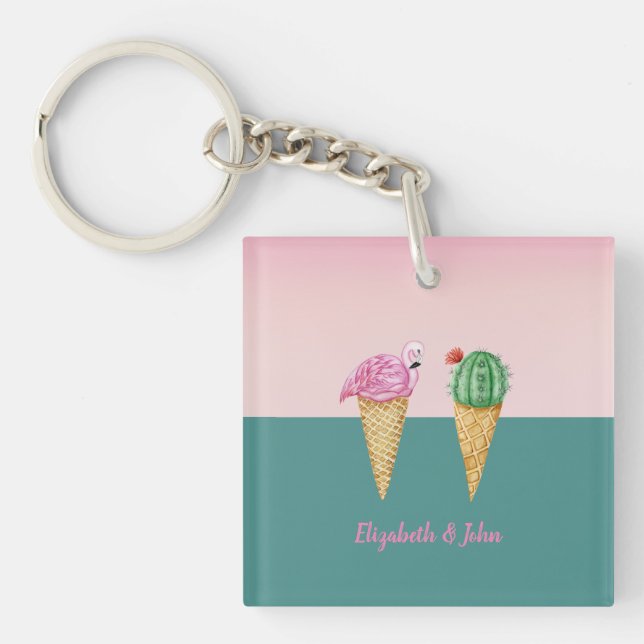 Colourful Ice Cream Cones Cactus Pink Flamingos Keychain (Front)