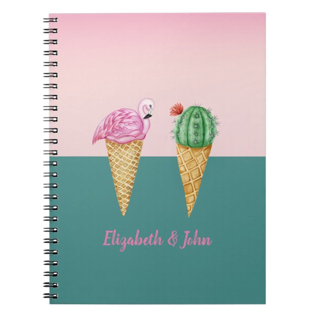 Colourful Ice Cream Cones Cactus Pink Flamingos Notebook (Front)