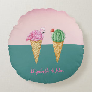 Colourful Ice Cream Cones Cactus Pink Flamingos Round Pillow