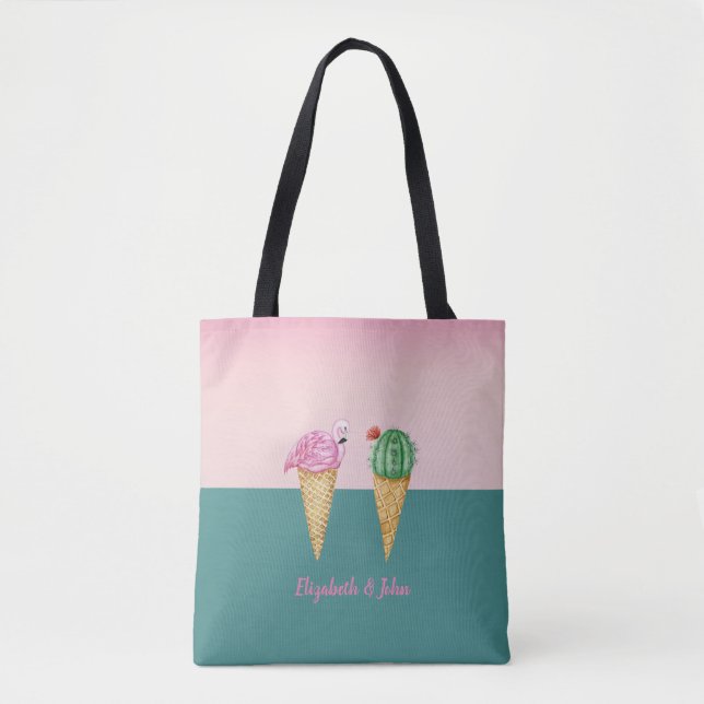 Colourful Ice Cream Cones Cactus Pink Flamingos Tote Bag (Front)