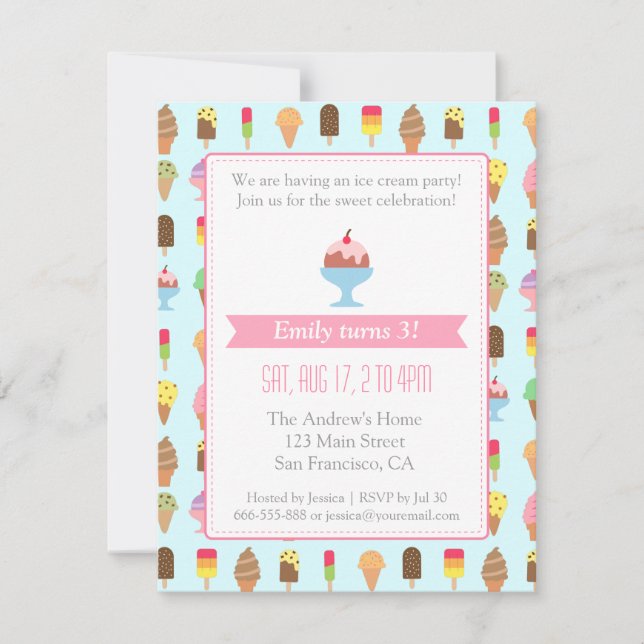Colourful Ice cream pattern party invitations (Front)