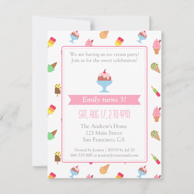 Colourful Ice cream pattern party invitations (Front)
