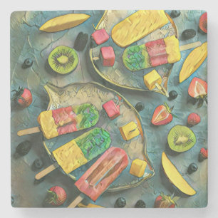 Colourful ice cream popsicles fruits stone coaster