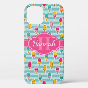 Colourful Ice Pop Pattern with Pink Monogram iPhone 12 Case