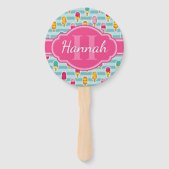 Colourful Ice Pop Pattern with Pink Monogram Hand Fan (Front)