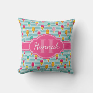 Colourful Ice Pop Pattern with Pink Monogram Throw Pillow