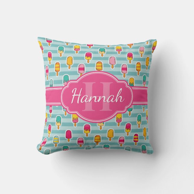 Colourful Ice Pop Pattern with Pink Monogram Throw Pillow (Front)
