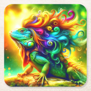 Colourful Iguana Square Paper Coaster
