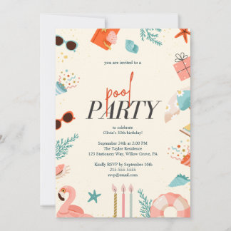 Colourful Illustrated Aquatic Summer Pool Birthday Invitation