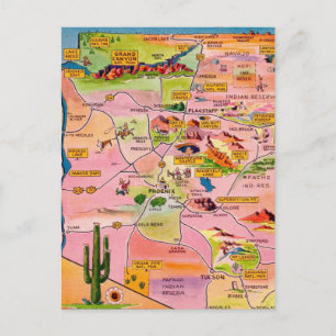 Colourful Illustrated Arizona Map Postcard