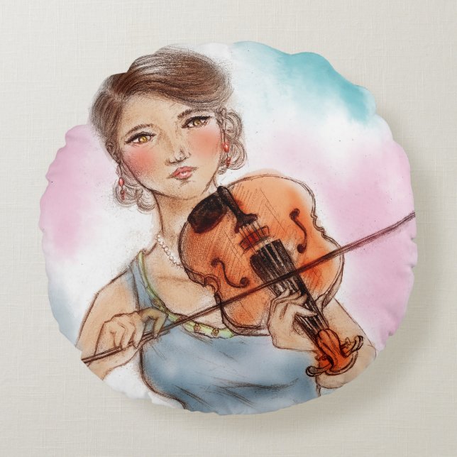 Colourful illustrated round pillow - Violin (Front)