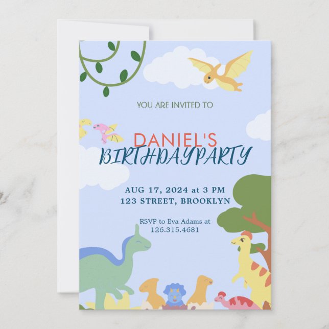 Colourful Illustration Cute Dinosaur Birthday Invitation (Front)