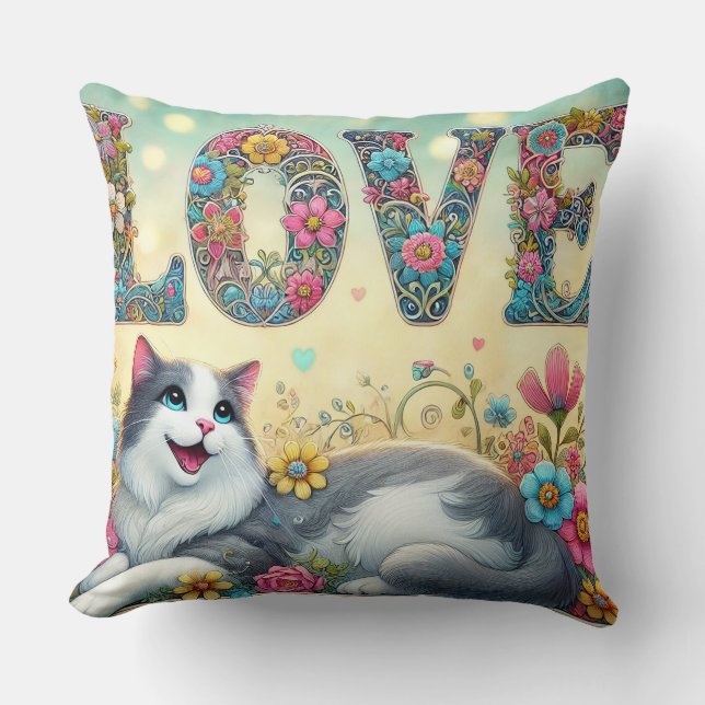 Colourful Illustration of a Cat Throw Pillow (Front)