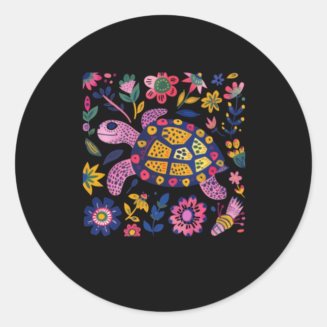 Colourful Illustration Of A Turtle Surrounded  Classic Round Sticker (Front)