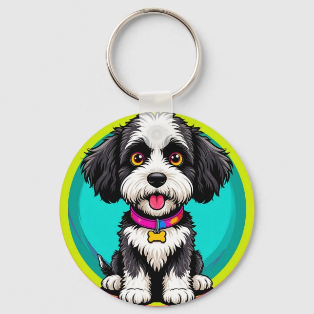 Colourful Illustration of Happy Dog Sitting Keychain (Front)