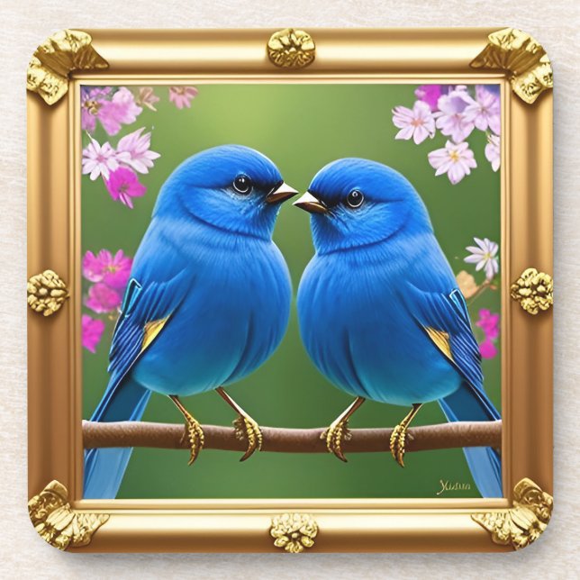 Colourful Illustration of Two Blue Birds Coaster (Front)