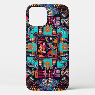 Colourful illustration with decorative animals and iPhone 12 case