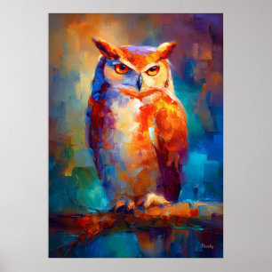 Colourful Impressionist Owl Wildlife Painting Poster