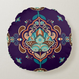 Colourful Indian Ornament, Geometric Border. Round Pillow