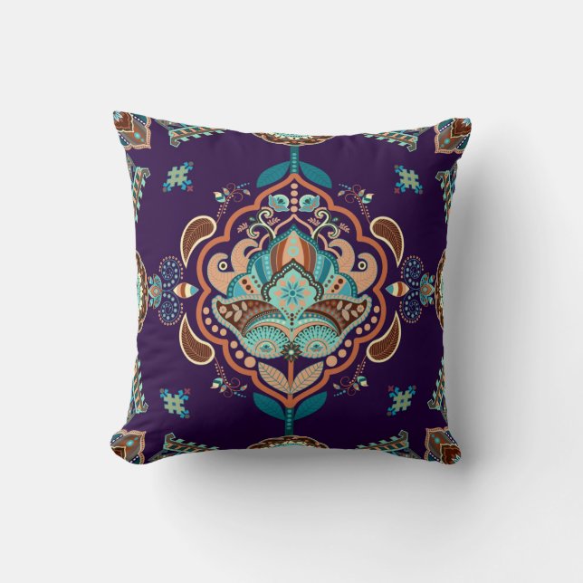 Colourful Indian Ornament, Geometric Border. Throw Pillow (Front)
