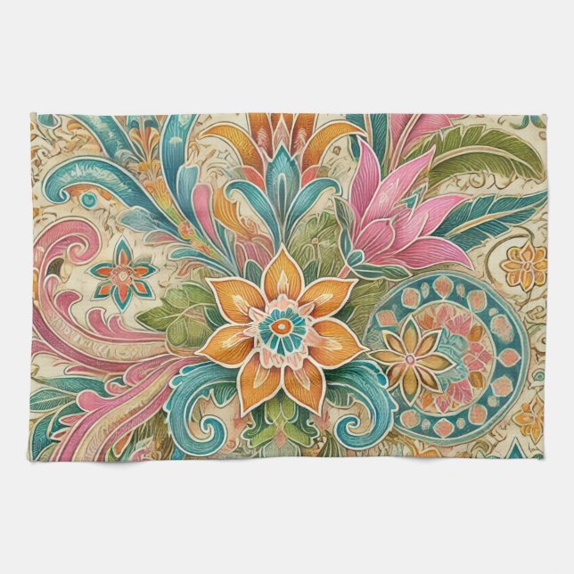 Colourful Indonesian Batik Floral Boho Rustic Kitchen Towel (Horizontal)