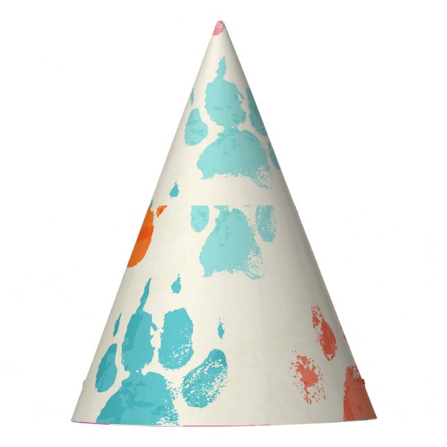 Colourful ink, messy dog paws party hat (Front)