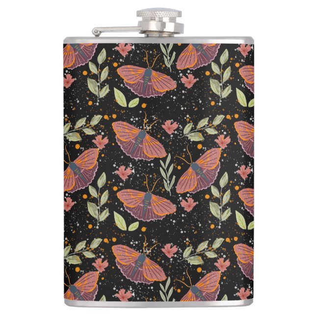 Colourful Insect and Botanical Seamless Design Hip Flask (Front)