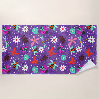 Colourful Insects and Flowers on a Purple Backgrou Beach Towel