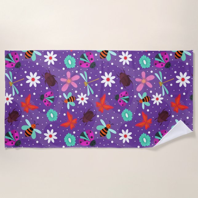 Colourful Insects and Flowers on a Purple Backgrou Beach Towel (Front)
